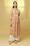 Buy_Kalakaari By Sagarika_Peach Cotton Printed Floral Round Straight Kurta And Pant Set _Online_at_Aza_Fashions