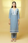 Kalakaari By Sagarika_Blue Cotton Lace Split V-neck Tulip Bloom Print Kurta With Pant _Online_at_Aza_Fashions