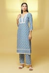 Buy_Kalakaari By Sagarika_Blue Cotton Lace Split V-neck Tulip Bloom Print Kurta With Pant _Online_at_Aza_Fashions