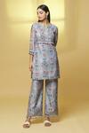 Buy_Kalakaari By Sagarika_Grey Chanderi Tassels, Mirrors Split V-neck Flower Bloom Print Kurta With Pant _Online_at_Aza_Fashions