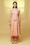 Kalakaari By Sagarika_Peach Chanderi Tassels, Mirrors Round Neck Blooming Flower Print Kurta With Pant _Online_at_Aza_Fashions