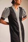 Shop_ATBW_Black Cotton Stripe V Neck Contrast Dori Work A-line Dress _Online_at_Aza_Fashions