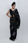 Buy_ATBW_Black Linen Block Print Chevron Geometric Saree _at_Aza_Fashions