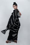 Shop_ATBW_Black Linen Block Print Chevron Geometric Saree _at_Aza_Fashions