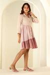 Savaaya_Pink Suede Silk Colourbock Shirt Collar Tonal Dress _Online_at_Aza_Fashions