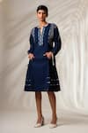 Buy_Madder Much_Blue 100% Cotton Embroidery Thread Notched Square Nixie Pinstripe Midi Dress _at_Aza_Fashions