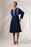 Buy_Madder Much_Blue 100% Cotton Embroidery Thread Notched Square Nixie Pinstripe Midi Dress _Online_at_Aza_Fashions