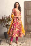 Buy_Aarke Ritu Kumar_Fuchsia Rayon Slub Printed Paisley Floral Round Twiggy Anarkali Set _at_Aza_Fashions