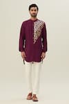 DiyaRajvvir_Wine Cotton Silk Embroidered Acrylic And Thread Jacket Kurta Set _at_Aza_Fashions