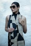 Buy_Aeshaane_Black Hand Block Print Geometric Silk Scarf _at_Aza_Fashions