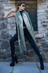 Shop_Aeshaane_Green Hand Block Print Leaf Branch Scarf _at_Aza_Fashions