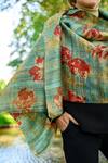 Aeshaane_Green Embroidery Handmade Silk Floral Block Print Scarf _Online_at_Aza_Fashions