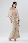 Buy_Samyukta Singhania_Beige Blouse And Draped Skirt Crepe Tear Drop Pearl Embellished Cape Set_at_Aza_Fashions