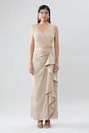 Samyukta Singhania_Beige Blouse And Draped Skirt Crepe Tear Drop Pearl Embellished Cape Set_Online_at_Aza_Fashions