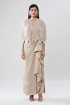 Buy_Samyukta Singhania_Beige Blouse And Draped Skirt Crepe Tear Drop Pearl Embellished Cape Set_Online_at_Aza_Fashions