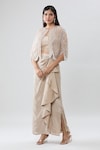 Shop_Samyukta Singhania_Beige Blouse And Draped Skirt Crepe Tear Drop Pearl Embellished Cape Set_Online_at_Aza_Fashions