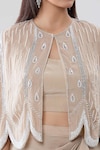 Samyukta Singhania_Beige Blouse And Draped Skirt Crepe Tear Drop Pearl Embellished Cape Set_at_Aza_Fashions