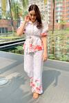 Shop_Verano By Tanya_White Linen Collared Aria Blossom Print Shirt With Belt _at_Aza_Fashions
