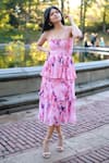 Buy_Verano by Tanya_Pink Georgette Print Florence Square Bella Pleated Tiered Midi Dress  _at_Aza_Fashions