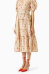 Buy_Verano by Tanya_Off White Linen Print Floral V Celia Tiered Midi Dress With Belt  