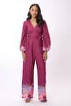 Buy_Verano by Tanya_Purple Linen Print Rose V Neck Cynthia Jumpsuit With Belt  _at_Aza_Fashions