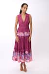 Buy_Verano By Tanya_Purple Linen Fabric Flowers Cynthia Rose Print Tiered Midi Dress With Belt _at_Aza_Fashions