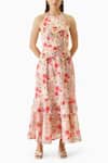 Verano By Tanya_Peach Linen Halter Neck Ivy Printed Midi Dress_Online_at_Aza_Fashions