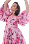 Verano by Tanya_Pink Linen Printed Floral One Shoulder Noelle Pleated Midi Dress  _at_Aza_Fashions