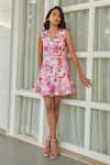 Buy_Verano by Tanya_Pink Linen Printed Floral V Neck Serena Noelle Short Dress  _at_Aza_Fashions