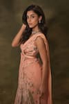 Shop_Archana Kochhar_Pink Georgette Embroidered Pearl Embellished Border Pre-draped Saree With Blouse _at_Aza_Fashions