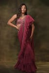 Buy_Archana Kochhar_Pink Georgette Embroidered Zardozi Ruffle Pre-draped Saree With Blouse _at_Aza_Fashions