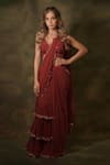 Buy_Archana Kochhar_Maroon Saree Georgette Embroidered Sequin Pearl Border Pre-draped With Blouse _at_Aza_Fashions