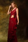 Buy_Archana Kochhar_Red Saree Georgette Embroidered Bead V-neck Sequin Pre-draped With Blouse _at_Aza_Fashions