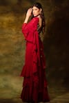 Shop_Archana Kochhar_Red Saree Georgette Embroidered Solid Pre-draped Ruffle With Mirrorwork Blouse _at_Aza_Fashions