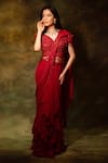 Buy_Archana Kochhar_Maroon Saree Georgette Embroidered Bead V-neck Sequin Pre-draped With Blouse _at_Aza_Fashions