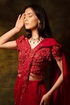 Shop_Archana Kochhar_Maroon Saree Georgette Embroidered Bead V-neck Sequin Pre-draped With Blouse _at_Aza_Fashions