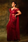 Shop_Archana Kochhar_Red Saree Net Embroidered Bead Off 3d Floral Pre-draped With Silk Blouse _at_Aza_Fashions