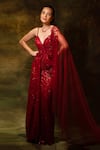 Buy_Archana Kochhar_Red Georgette Embroidered Bead Plunge Sequin Embellished Cut-out Draped Gown _at_Aza_Fashions