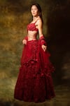 Shop_Archana Kochhar_Red Net Hand Embroidered Floral Sweetheart Lehenga Set _at_Aza_Fashions