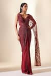 Buy_Adaara Couture_Wine Dupion Silk Embroidery Cutdana Sizzling Whispers Draped Saree Gown _at_Aza_Fashions