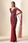 Adaara Couture_Wine Dupion Silk Embroidery Cutdana Sizzling Whispers Draped Saree Gown _Online_at_Aza_Fashions