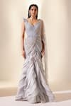 Adaara Couture_Blue Dupion Silk Embroidery Leaf Sweetheart Neck Draped Saree Gown _Online_at_Aza_Fashions