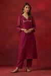 Buy Ikshita Choudhary Pink Chanderi, Cotton Embroidery V-neck Hand Kurta Pant Set at Aza Fashions Buy_Ikshita Choudhary_Pink Chanderi, Cotton Embroidery V-neck Hand Kurta Pant Set_at_Aza_Fashions
