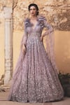 Buy_Presto Couture_Pink Net Sequins, Beads Plunge Neck 3d Floral Applique Embroidered Gown _at_Aza_Fashions