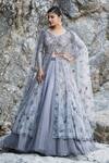 Buy_Presto Couture_Grey Net Sequins, Beads, Cut Work V-neck Cutdana Embroidered Jacket Lehenga Set _at_Aza_Fashions