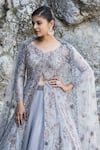 Presto Couture_Grey Net Sequins, Beads, Cut Work V-neck Cutdana Embroidered Jacket Lehenga Set _Online_at_Aza_Fashions