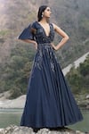 Buy_Presto Couture_Blue Chiffon Beads, Sequins, Cut Work V-neck Stripe Embroidered Gown _at_Aza_Fashions