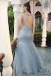 Presto Couture_Blue Net Beads, Sequins, Feathers V-neck Embroidered Fish Cut Gown _Online_at_Aza_Fashions