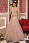 Buy_Presto Couture_Peach Net Beads, Sequins, Cut Work Sweetheart Neck Stripe Embroidered Fish Gown _at_Aza_Fashions