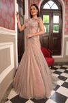 Buy_Presto Couture_Peach Net Beads, Sequins, Cut Work Sweetheart Neck Stripe Embroidered Fish Gown _Online_at_Aza_Fashions
